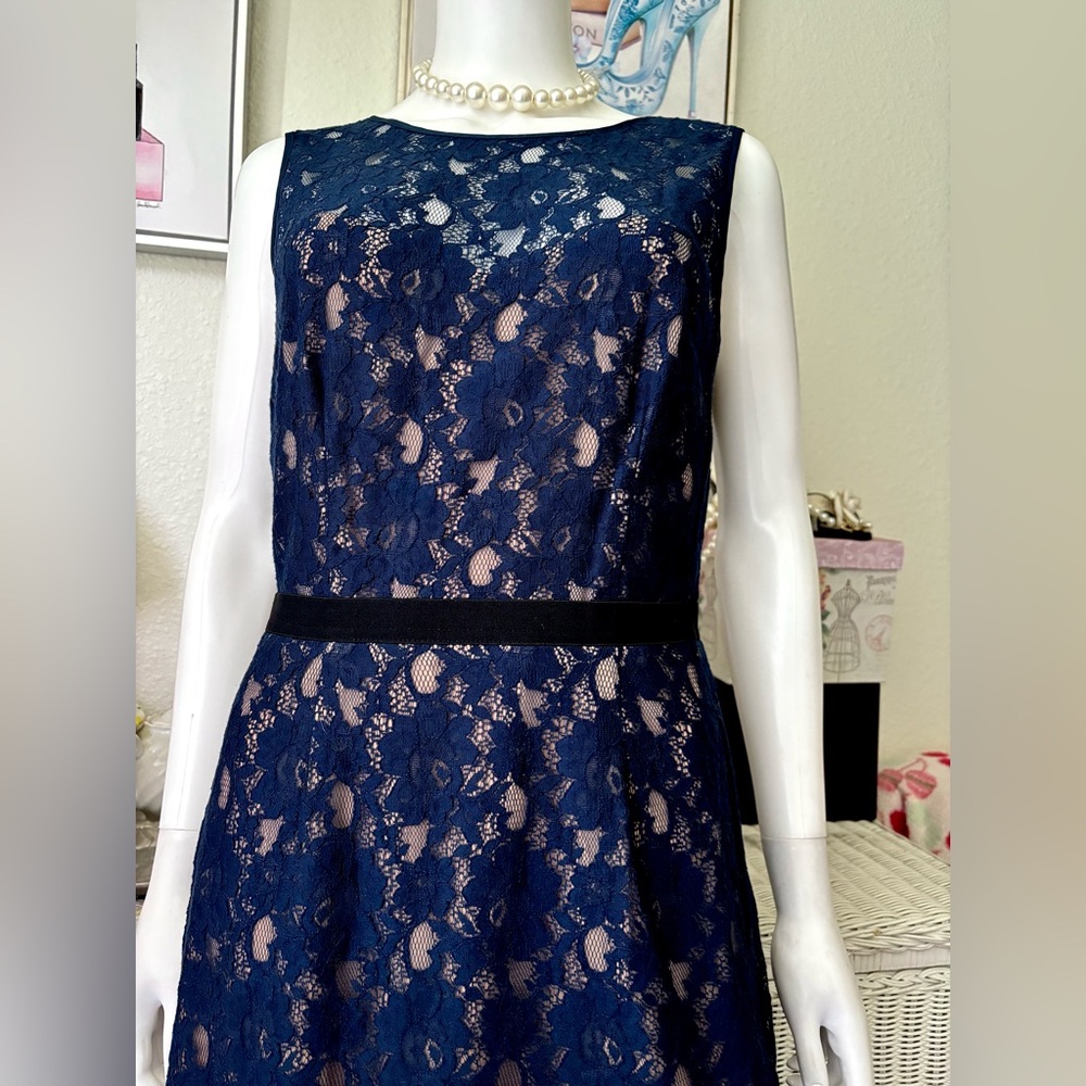 BCBG MAXAZRIA Alice Lace Shift Dress WaistBand Lined Sleeveless in Blue Size 10 - Picture 2 of 13